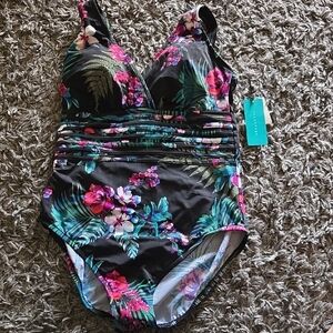 Black Tropical Print Swimsuit